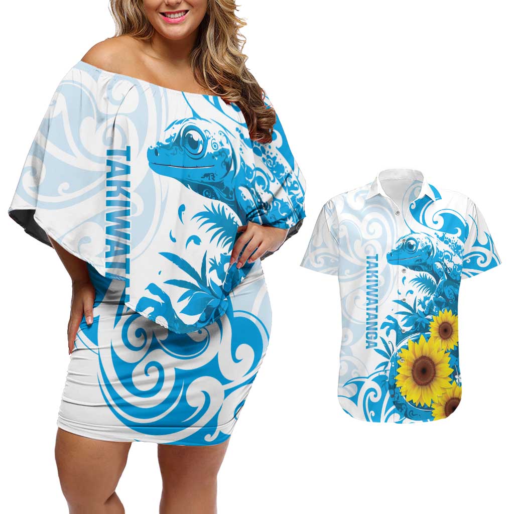 New Zealand Autism Awareness Month Couples Matching Off Shoulder Short Dress and Hawaiian Shirt Takiwatanga Maori Lizard With Sunflower