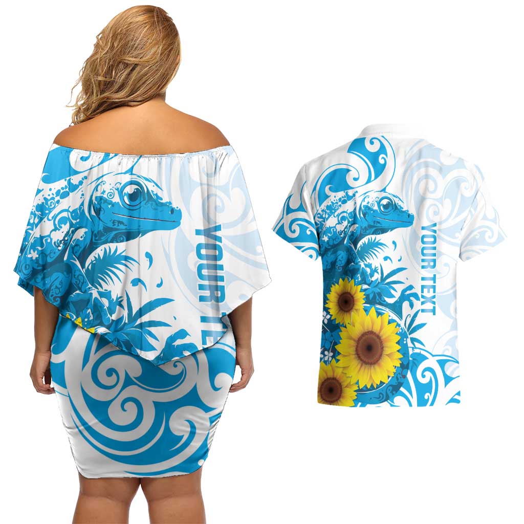 New Zealand Autism Awareness Month Couples Matching Off Shoulder Short Dress and Hawaiian Shirt Takiwatanga Maori Lizard With Sunflower