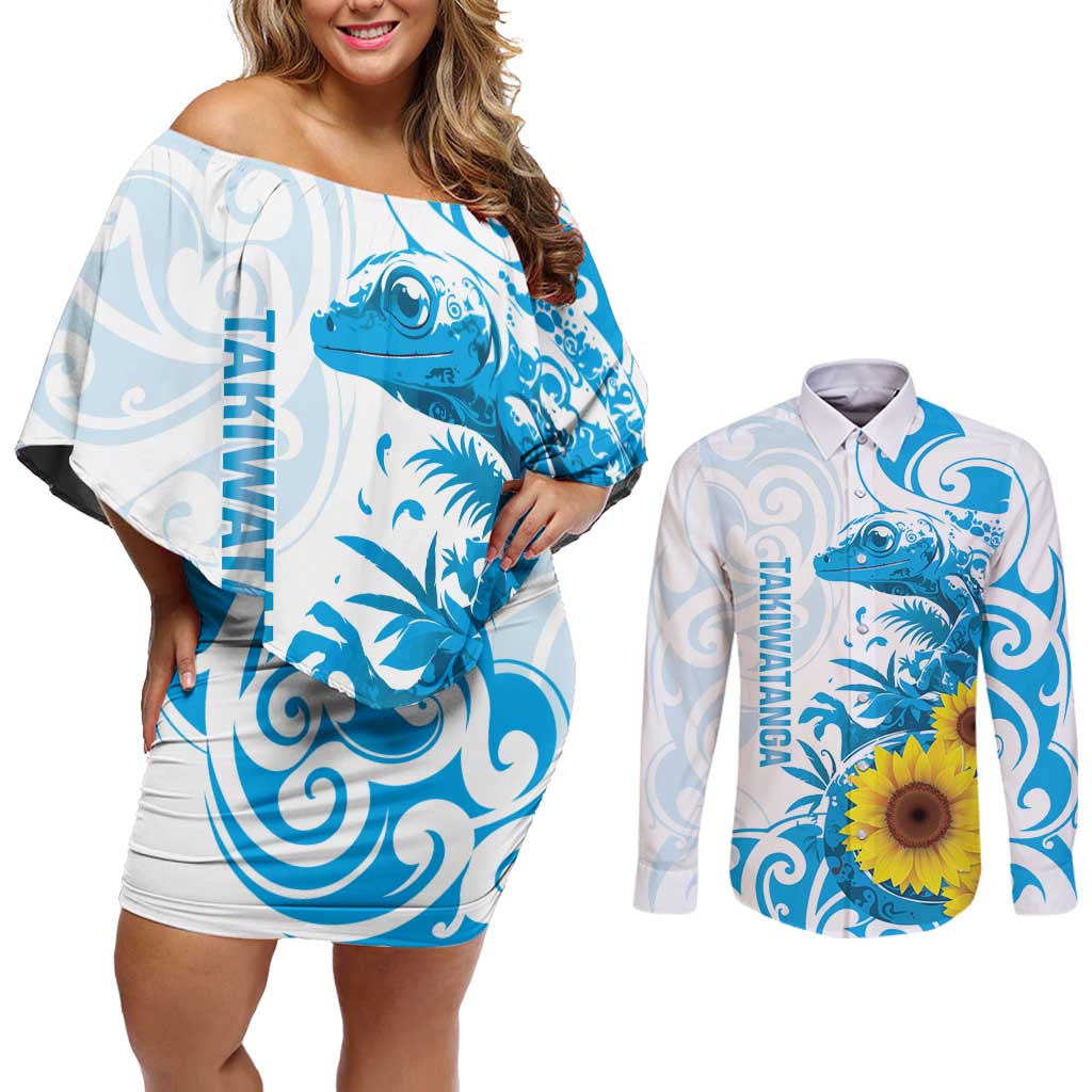 New Zealand Autism Awareness Month Couples Matching Off Shoulder Short Dress and Long Sleeve Button Shirt Takiwatanga Maori Lizard With Sunflower