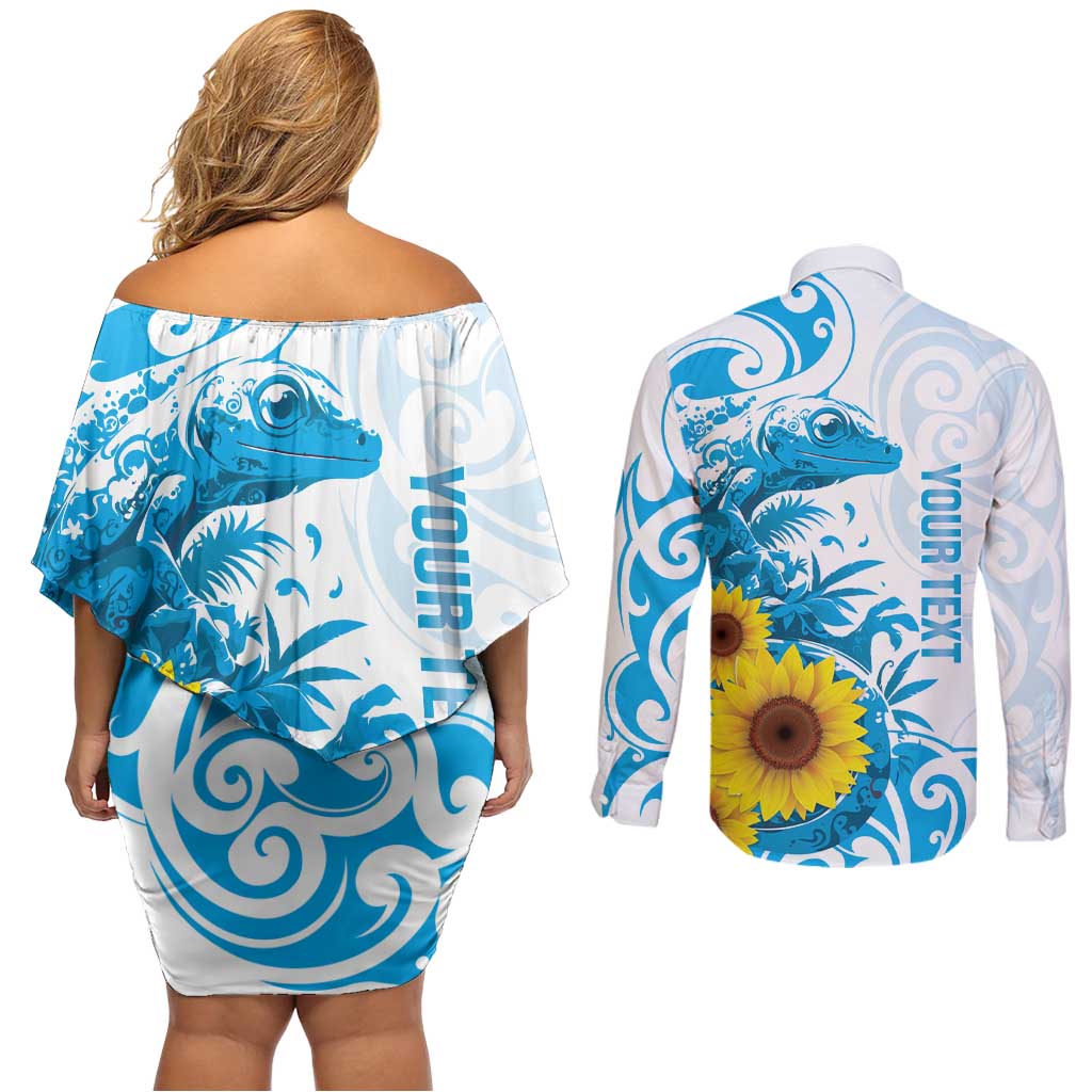 New Zealand Autism Awareness Month Couples Matching Off Shoulder Short Dress and Long Sleeve Button Shirt Takiwatanga Maori Lizard With Sunflower