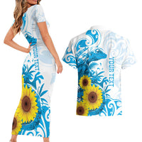 New Zealand Autism Awareness Month Couples Matching Short Sleeve Bodycon Dress and Hawaiian Shirt Takiwatanga Maori Lizard With Sunflower