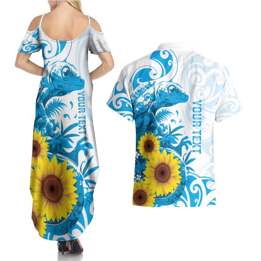 New Zealand Autism Awareness Month Couples Matching Summer Maxi Dress and Hawaiian Shirt Takiwatanga Maori Lizard With Sunflower