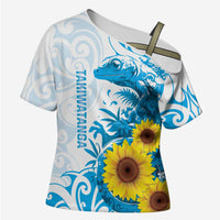 New Zealand Autism Awareness Month Cross Shoulder Shirt Takiwatanga Maori Lizard With Sunflower LT14 Female Blue - Polynesian Pride