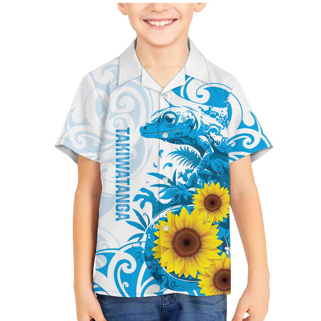 New Zealand Autism Awareness Month Family Matching Mermaid Dress and Hawaiian Shirt Takiwatanga Maori Lizard With Sunflower LT14 Son's Shirt Blue - Polynesian Pride