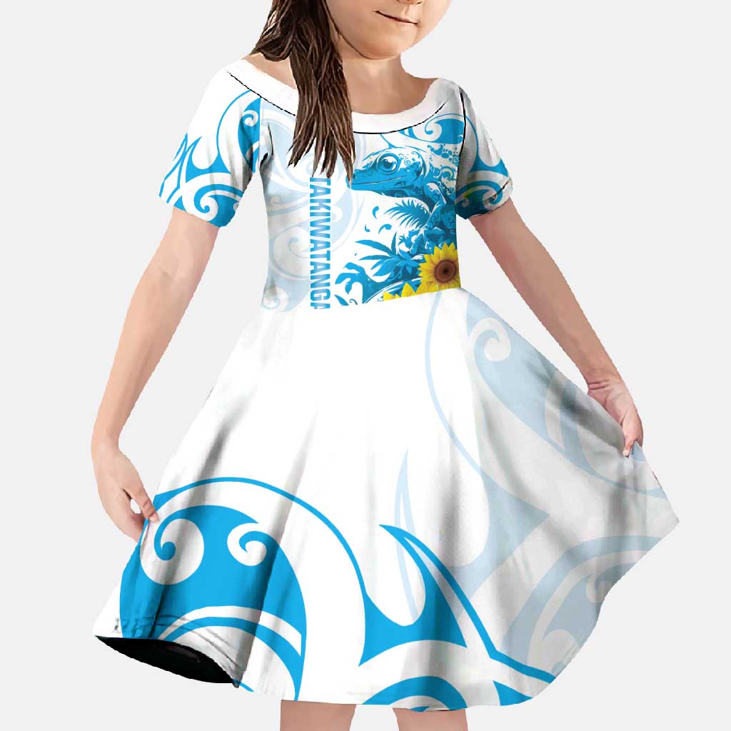 New Zealand Autism Awareness Month Family Matching Off Shoulder Maxi Dress and Hawaiian Shirt Takiwatanga Maori Lizard With Sunflower LT14 Daughter's Dress Blue - Polynesian Pride