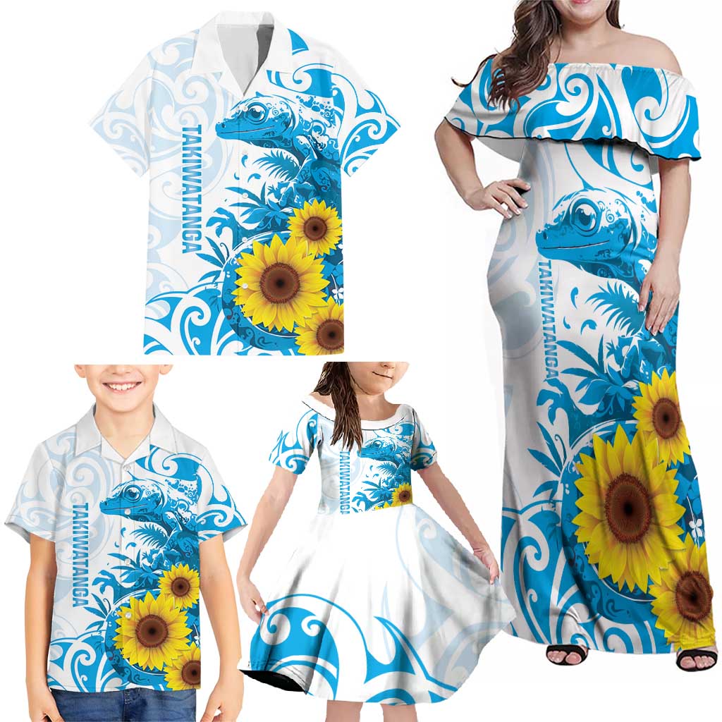 New Zealand Autism Awareness Month Family Matching Off Shoulder Maxi Dress and Hawaiian Shirt Takiwatanga Maori Lizard With Sunflower LT14 - Polynesian Pride