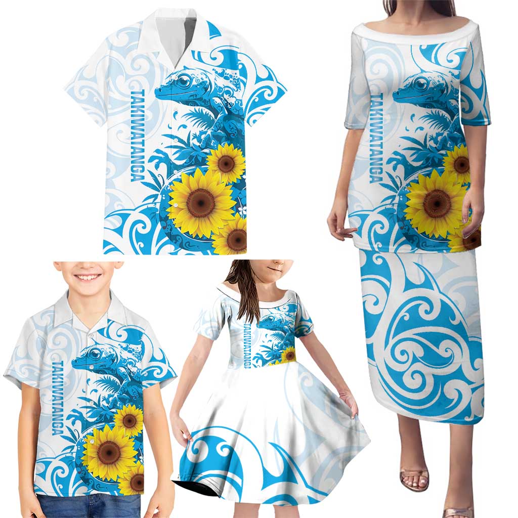 New Zealand Autism Awareness Month Family Matching Puletasi and Hawaiian Shirt Takiwatanga Maori Lizard With Sunflower
