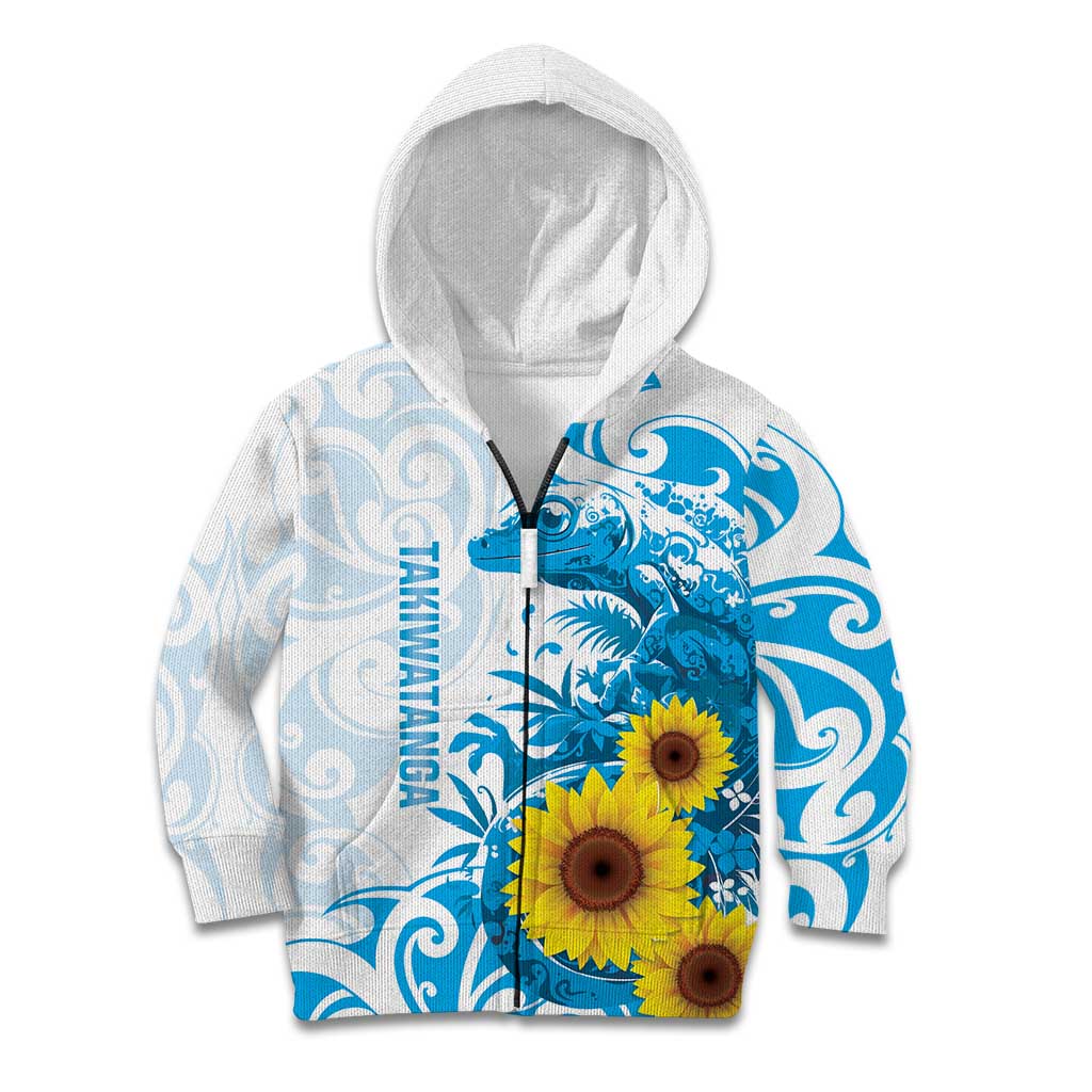 New Zealand Autism Awareness Month Kid Hoodie Takiwatanga Maori Lizard With Sunflower LT14 Zip Hoodie Blue - Polynesian Pride