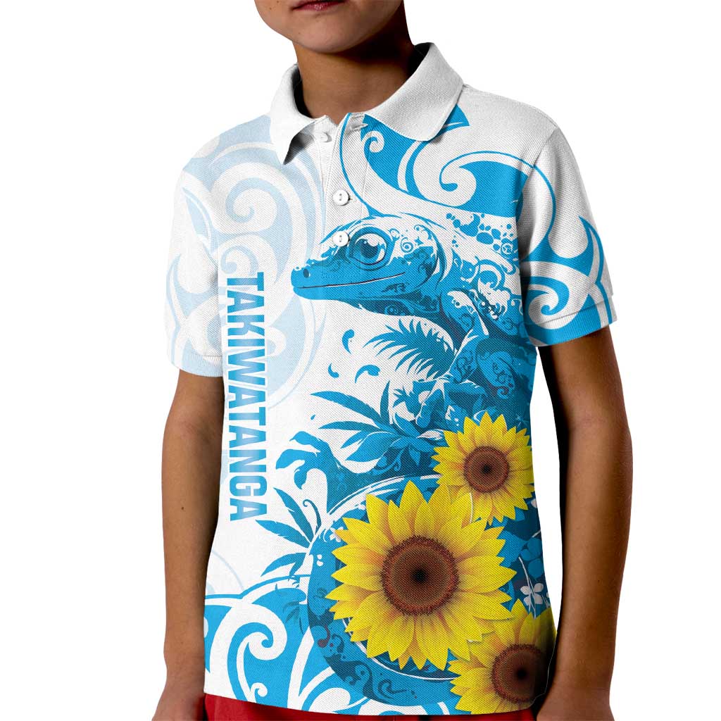 New Zealand Autism Awareness Month Kid Polo Shirt Takiwatanga Maori Lizard With Sunflower LT14 Kid Blue - Polynesian Pride
