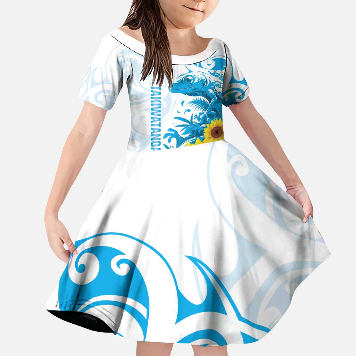 New Zealand Autism Awareness Month Kid Short Sleeve Dress Takiwatanga Maori Lizard With Sunflower LT14 KID Blue - Polynesian Pride