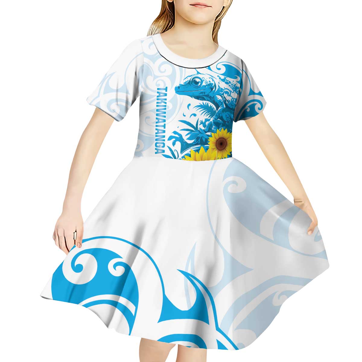 New Zealand Autism Awareness Month Kid Short Sleeve Dress Takiwatanga Maori Lizard With Sunflower LT14 - Polynesian Pride