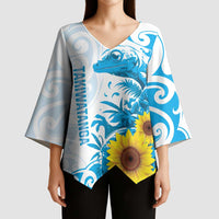 New Zealand Autism Awareness Month Kimono Sleeve Blouse Takiwatanga Maori Lizard With Sunflower LT14 - Polynesian Pride
