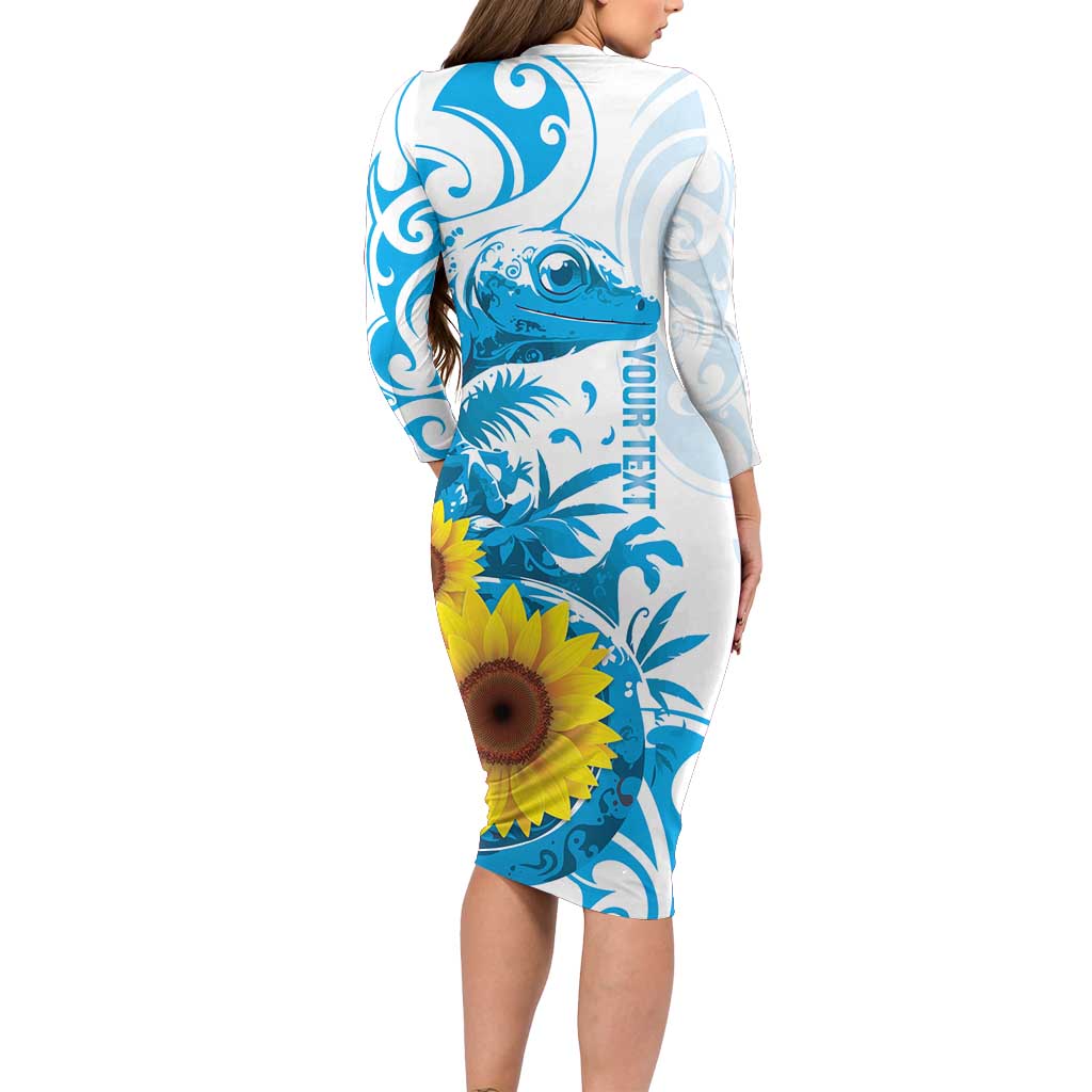 New Zealand Autism Awareness Month Long Sleeve Bodycon Dress Takiwatanga Maori Lizard With Sunflower