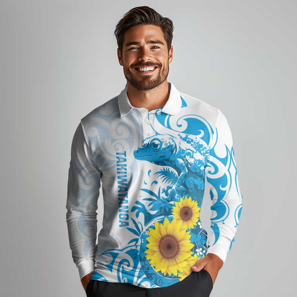New Zealand Autism Awareness Month Long Sleeve Polo Shirt Takiwatanga Maori Lizard With Sunflower