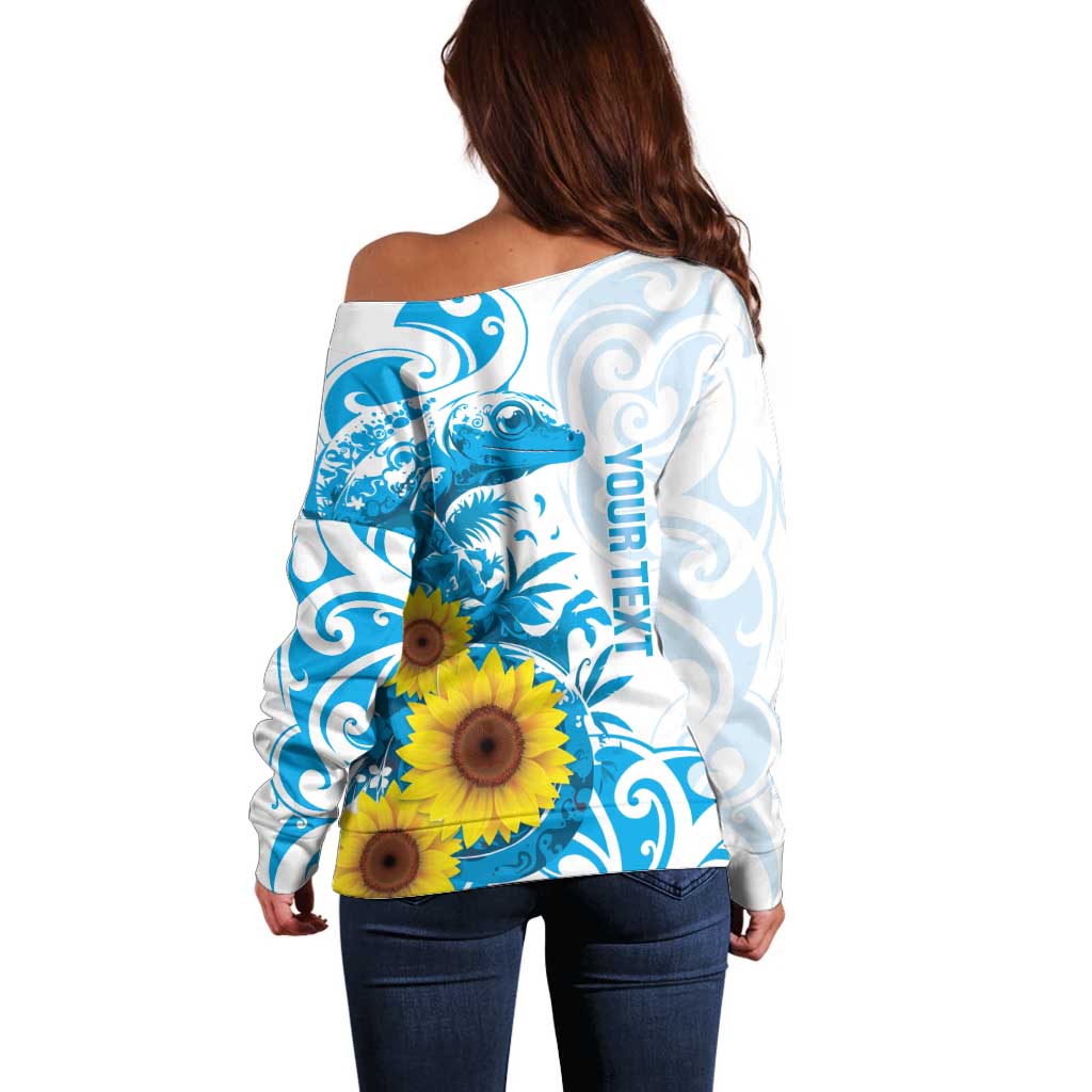 New Zealand Autism Awareness Month Off Shoulder Sweater Takiwatanga Maori Lizard With Sunflower LT14 - Polynesian Pride