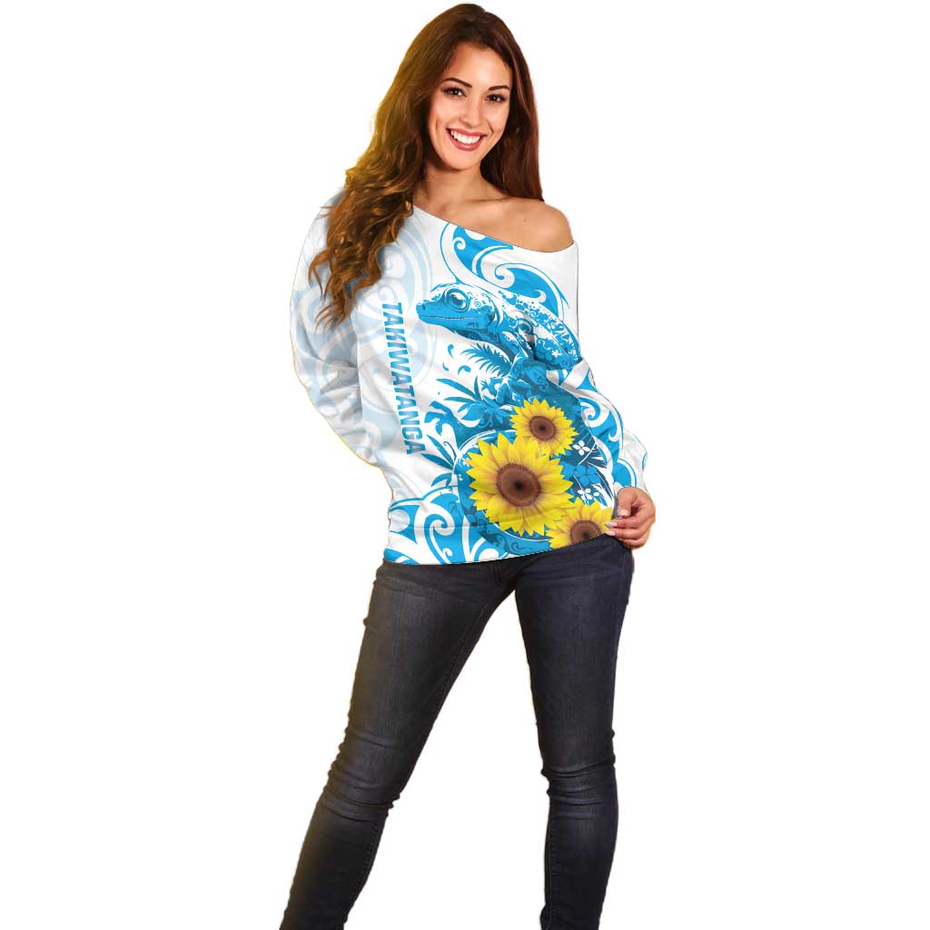 New Zealand Autism Awareness Month Off Shoulder Sweater Takiwatanga Maori Lizard With Sunflower LT14 - Polynesian Pride