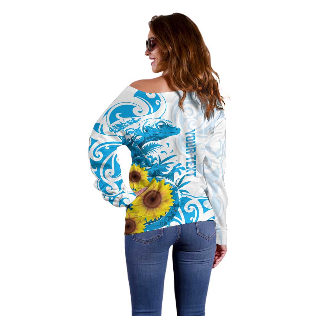 New Zealand Autism Awareness Month Off Shoulder Sweater Takiwatanga Maori Lizard With Sunflower LT14 - Polynesian Pride