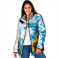 New Zealand Autism Awareness Month Padded Jacket Takiwatanga Maori Lizard With Sunflower LT14 Women Blue - Polynesian Pride