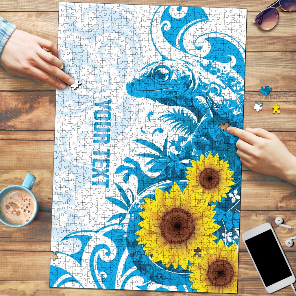 New Zealand Autism Awareness Month Puzzle Takiwatanga Maori Lizard With Sunflower LT14 Blue - Polynesian Pride