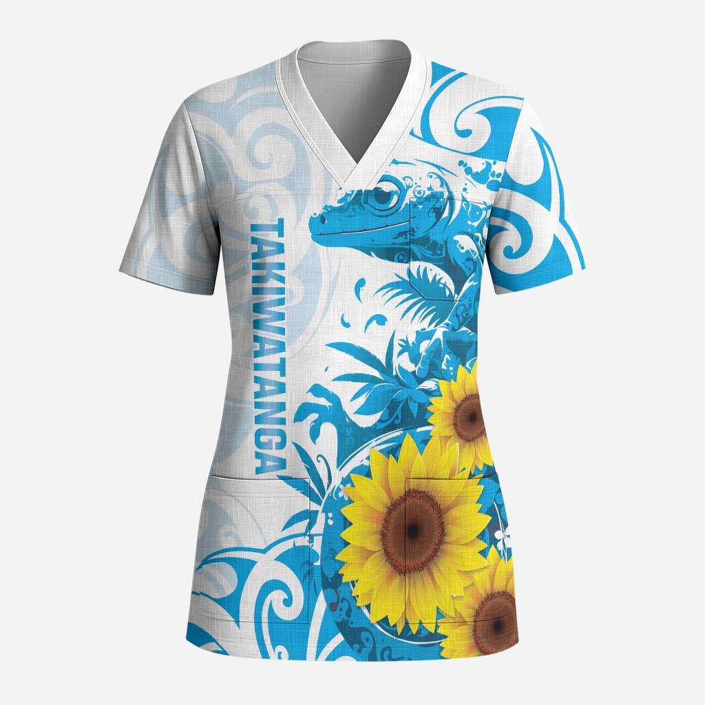New Zealand Autism Awareness Month Scrub Top Takiwatanga Maori Lizard With Sunflower LT14 Adult Blue - Polynesian Pride