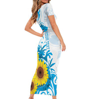 New Zealand Autism Awareness Month Short Sleeve Bodycon Dress Takiwatanga Maori Lizard With Sunflower LT14 - Polynesian Pride