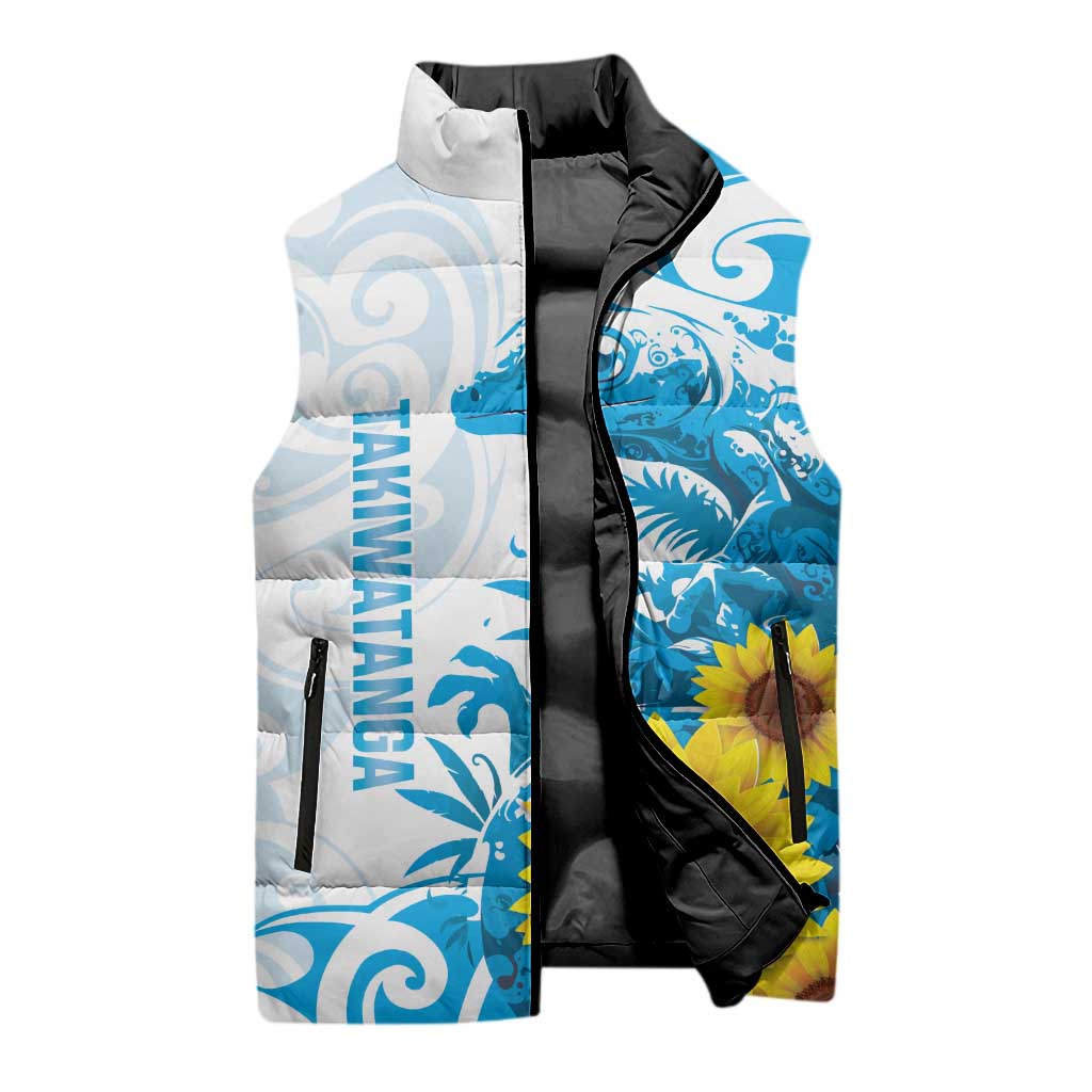 New Zealand Autism Awareness Month Sleeveless Puffer Jacket Takiwatanga Maori Lizard With Sunflower LT14 - Polynesian Pride