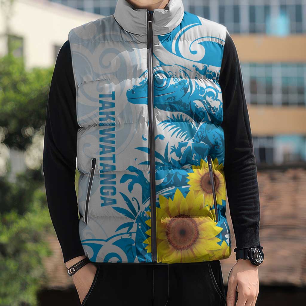 New Zealand Autism Awareness Month Sleeveless Puffer Jacket Takiwatanga Maori Lizard With Sunflower LT14 - Polynesian Pride