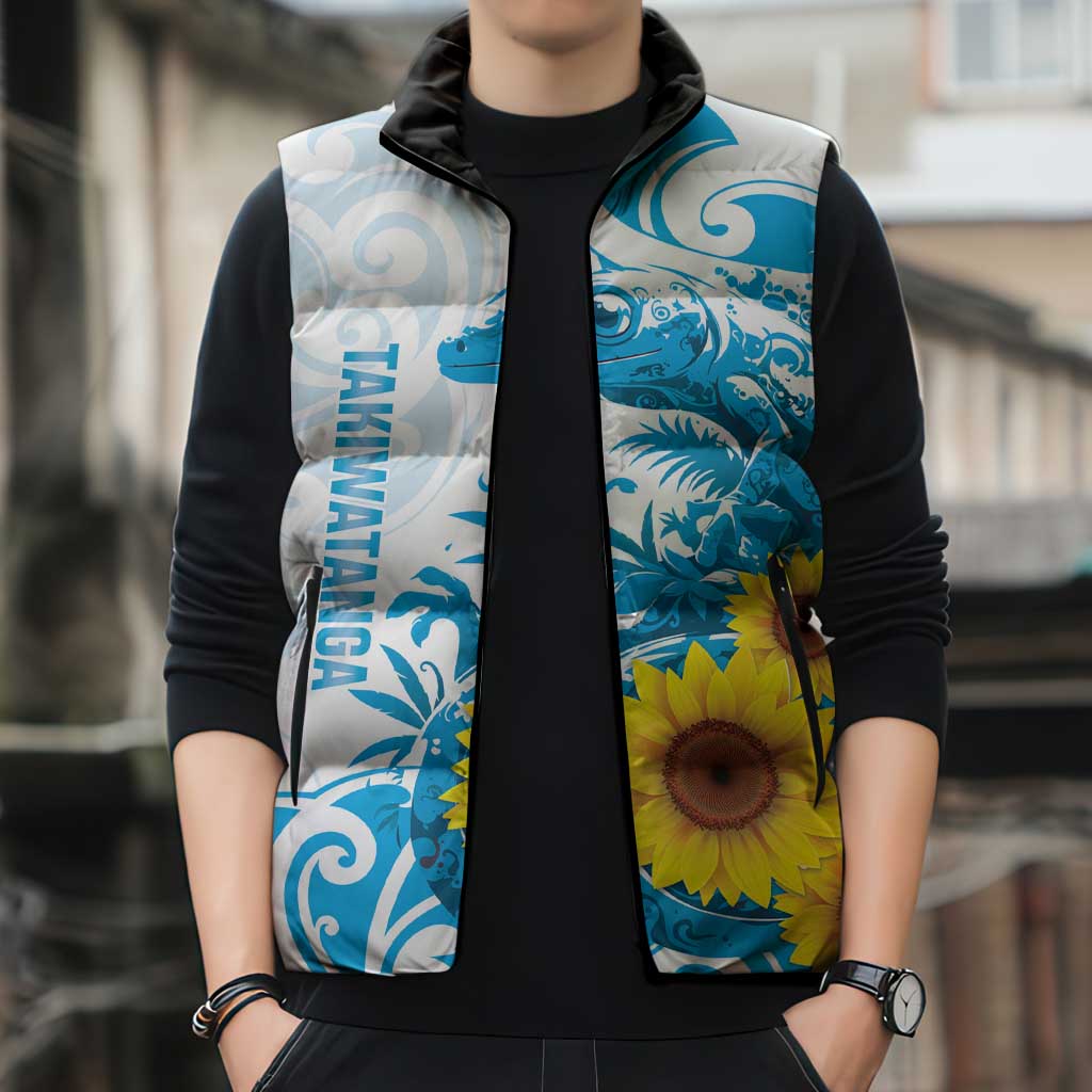 New Zealand Autism Awareness Month Sleeveless Puffer Jacket Takiwatanga Maori Lizard With Sunflower LT14 - Polynesian Pride