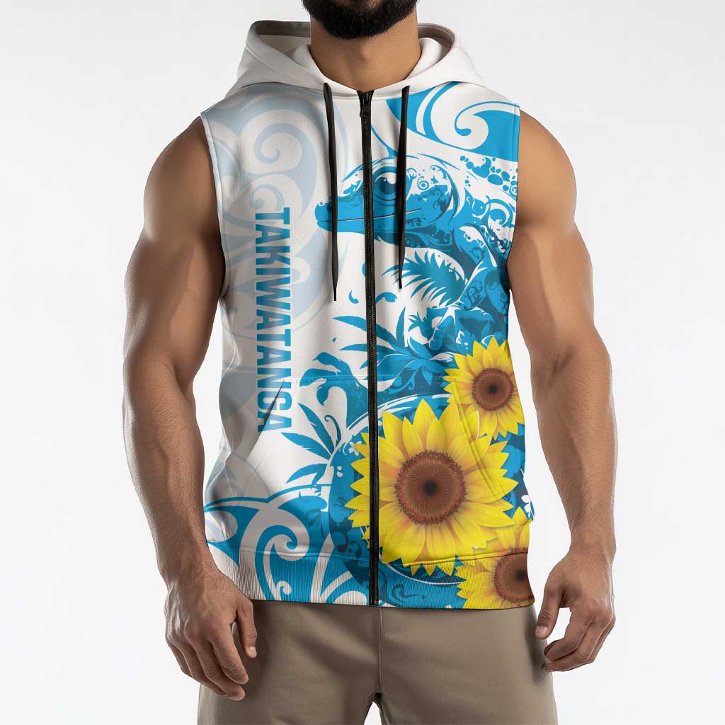 New Zealand Autism Awareness Month Sleeveless Zip Hoodie Takiwatanga Maori Lizard With Sunflower LT14 - Polynesian Pride