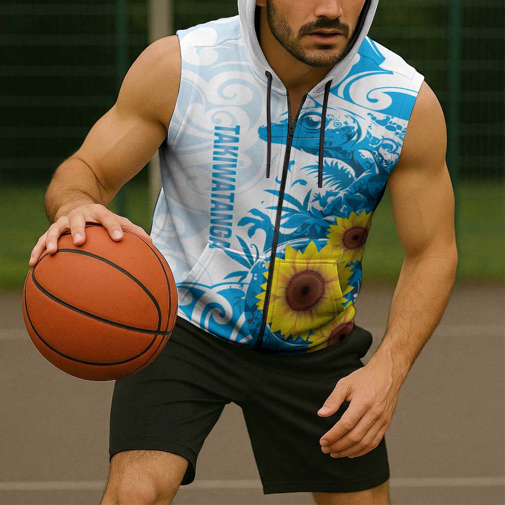 New Zealand Autism Awareness Month Sleeveless Zip Hoodie Takiwatanga Maori Lizard With Sunflower LT14 - Polynesian Pride