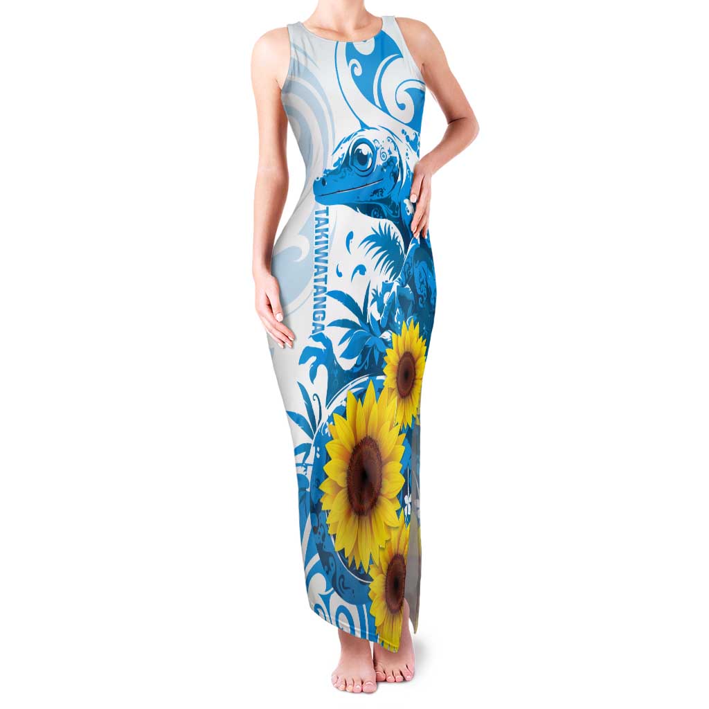 New Zealand Autism Awareness Month Tank Maxi Dress Takiwatanga Maori Lizard With Sunflower LT14 Women Blue - Polynesian Pride