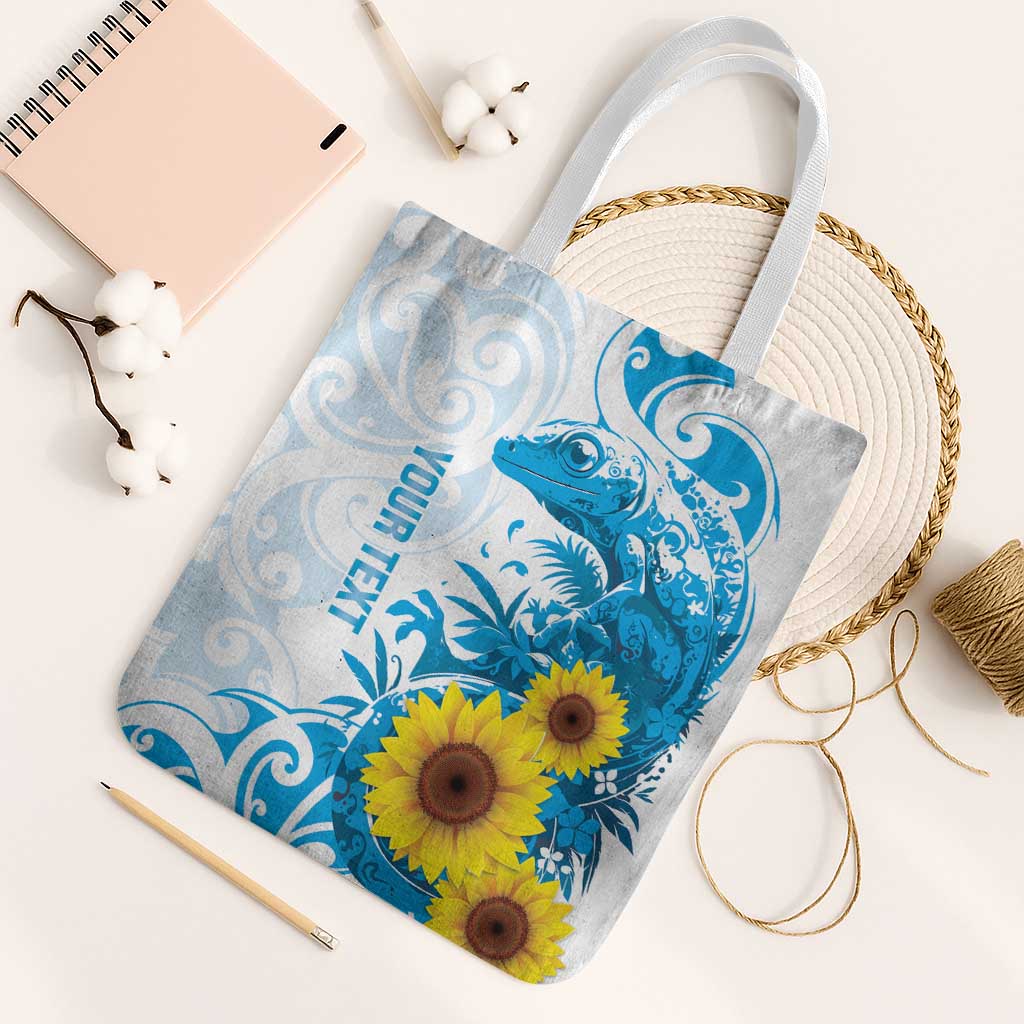 New Zealand Autism Awareness Month Tote Bag Takiwatanga Maori Lizard With Sunflower LT14 White Strap One Size Blue - Polynesian Pride