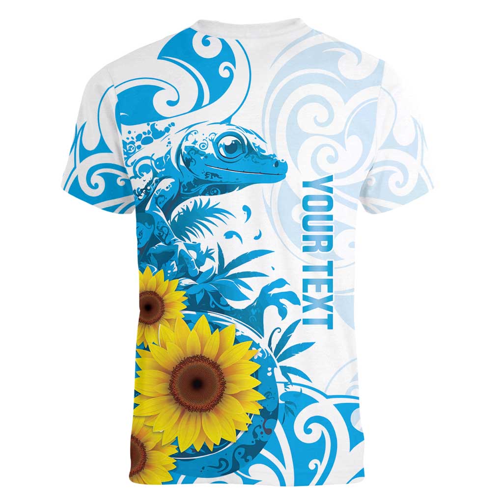 New Zealand Autism Awareness Month Women V-Neck T-Shirt Takiwatanga Maori Lizard With Sunflower