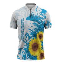 New Zealand Autism Awareness Month Zipper Polo Shirt Takiwatanga Maori Lizard With Sunflower LT14 Blue - Polynesian Pride