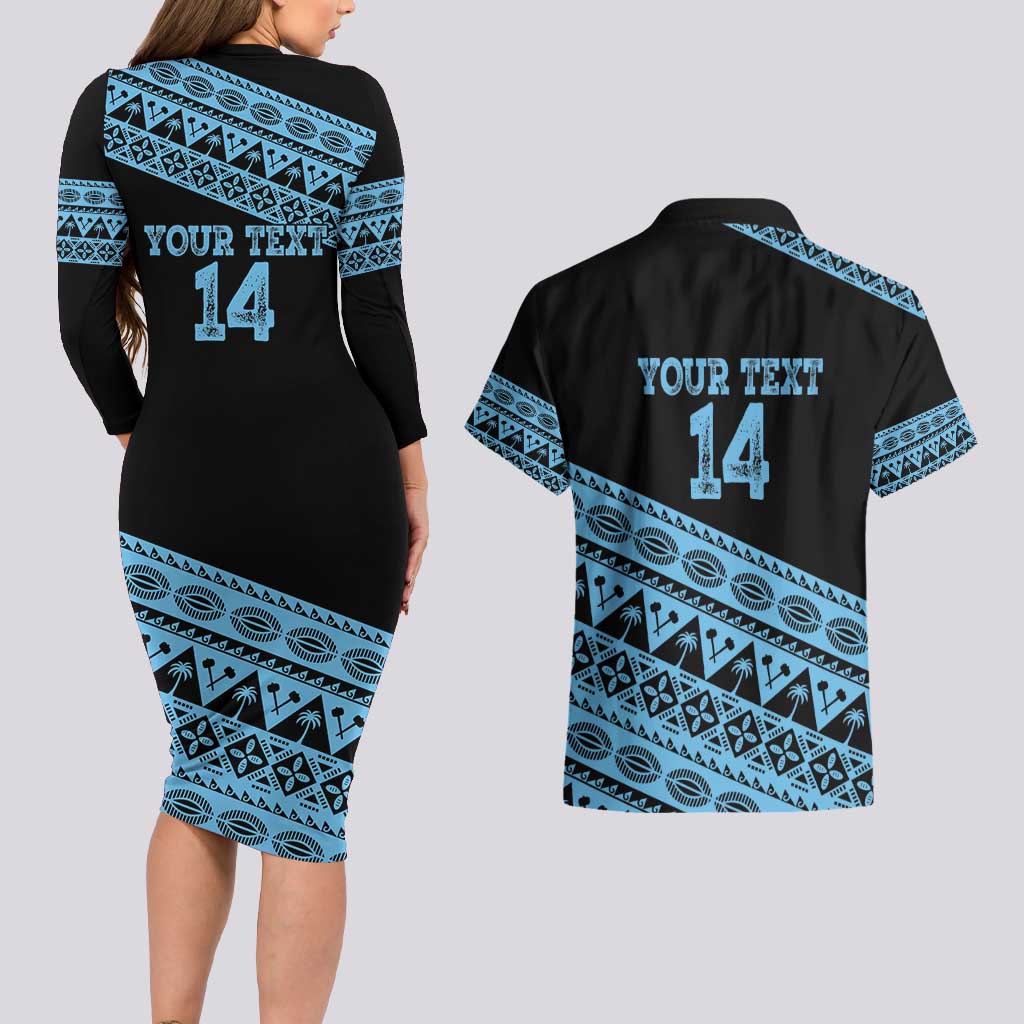 Fiji Rugby 2025 Custom Couples Matching Long Sleeve Bodycon Dress and Hawaiian Shirt Fijian Tapa Toso Viti Toso - Black