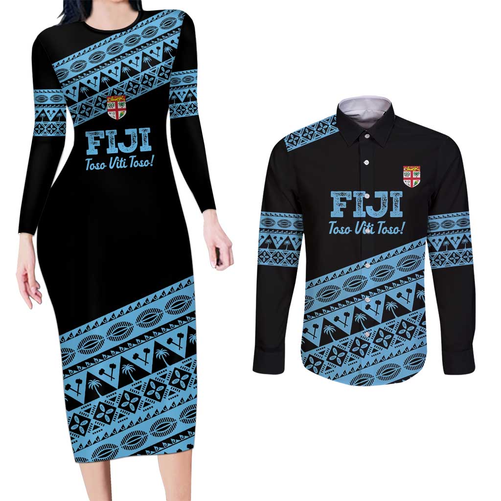 Fiji Rugby 2025 Custom Couples Matching Long Sleeve Bodycon Dress and Long Sleeve Button Shirt Fijian Tapa Toso Viti Toso - Black