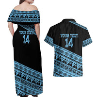 Fiji Rugby 2025 Custom Couples Matching Off Shoulder Maxi Dress and Hawaiian Shirt Fijian Tapa Toso Viti Toso - Black LT14 - Polynesian Pride
