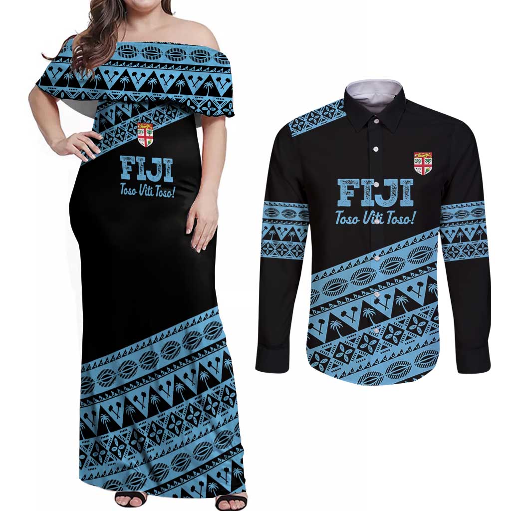 Fiji Rugby 2025 Custom Couples Matching Off Shoulder Maxi Dress and Long Sleeve Button Shirt Fijian Tapa Toso Viti Toso - Black LT14 Black - Polynesian Pride