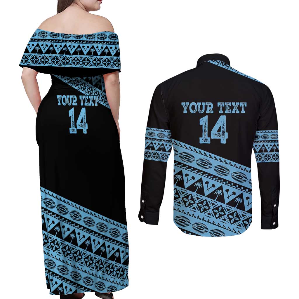 Fiji Rugby 2025 Custom Couples Matching Off Shoulder Maxi Dress and Long Sleeve Button Shirt Fijian Tapa Toso Viti Toso - Black LT14 - Polynesian Pride