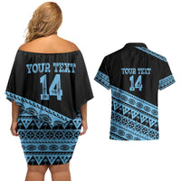 Fiji Rugby 2025 Custom Couples Matching Off Shoulder Short Dress and Hawaiian Shirt Fijian Tapa Toso Viti Toso - Black LT14 - Polynesian Pride