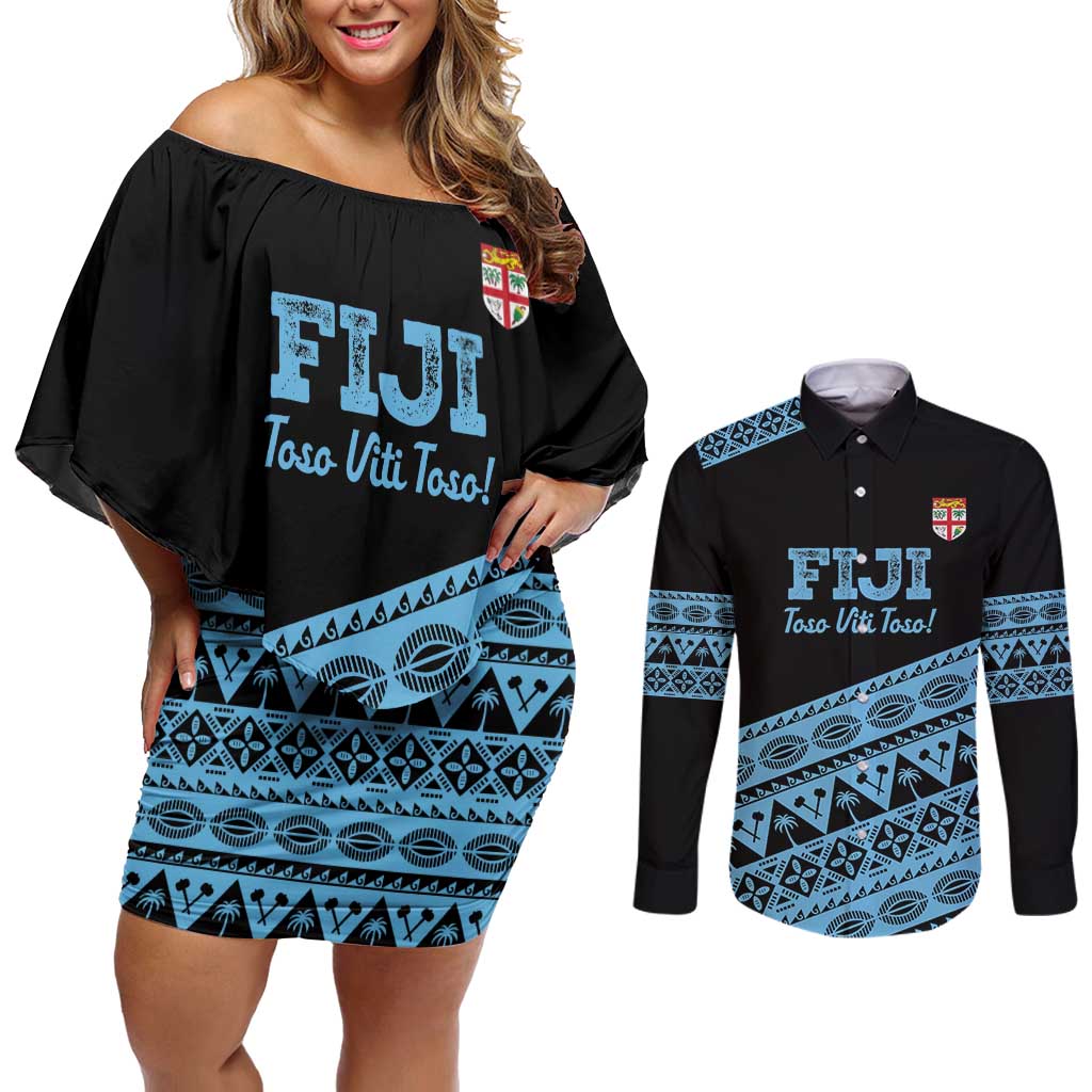 Fiji Rugby 2025 Custom Couples Matching Off Shoulder Short Dress and Long Sleeve Button Shirt Fijian Tapa Toso Viti Toso - Black LT14 Black - Polynesian Pride