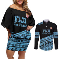Fiji Rugby 2025 Custom Couples Matching Off Shoulder Short Dress and Long Sleeve Button Shirt Fijian Tapa Toso Viti Toso - Black LT14 Black - Polynesian Pride