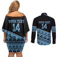 Fiji Rugby 2025 Custom Couples Matching Off Shoulder Short Dress and Long Sleeve Button Shirt Fijian Tapa Toso Viti Toso - Black LT14 - Polynesian Pride