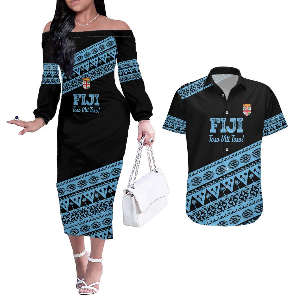 Fiji Rugby 2025 Custom Couples Matching Off The Shoulder Long Sleeve Dress and Hawaiian Shirt Fijian Tapa Toso Viti Toso - Black