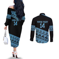 Fiji Rugby 2025 Custom Couples Matching Off The Shoulder Long Sleeve Dress and Long Sleeve Button Shirt Fijian Tapa Toso Viti Toso - Black