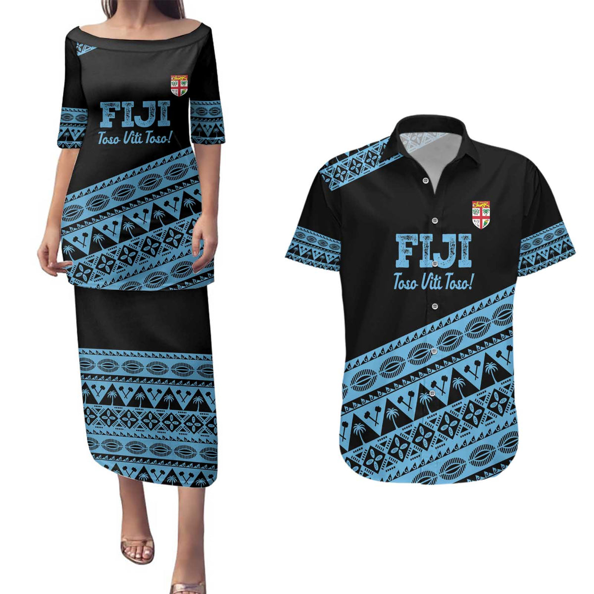 Fiji Rugby 2025 Custom Couples Matching Puletasi and Hawaiian Shirt Fijian Tapa Toso Viti Toso - Black