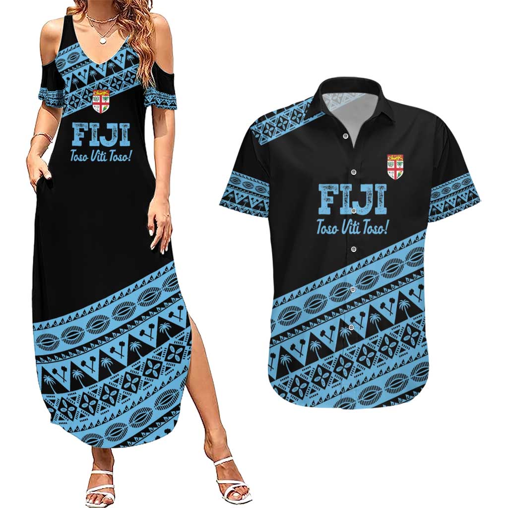 Fiji Rugby 2025 Custom Couples Matching Summer Maxi Dress and Hawaiian Shirt Fijian Tapa Toso Viti Toso - Black