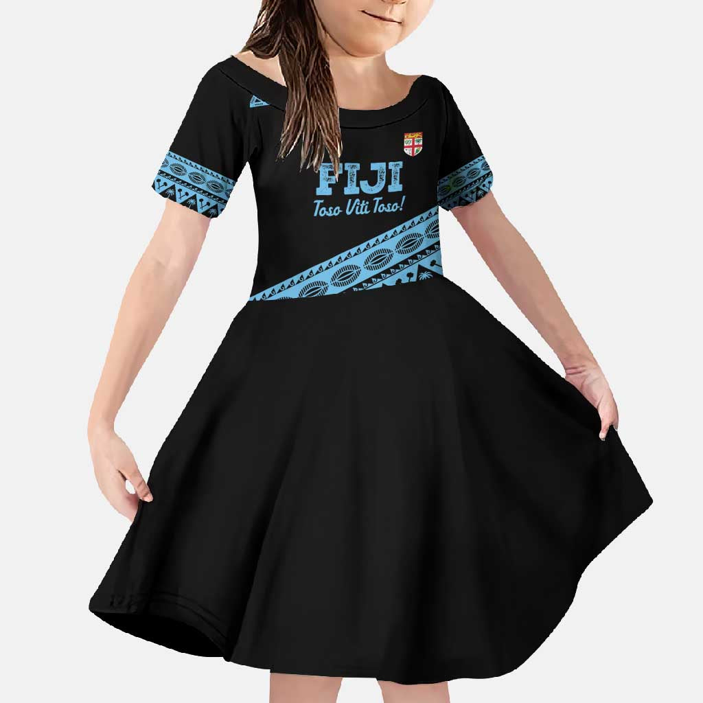Fiji Rugby 2025 Custom Family Matching Mermaid Dress and Hawaiian Shirt Fijian Tapa Toso Viti Toso - Black LT14 Daughter's Dress Black - Polynesian Pride