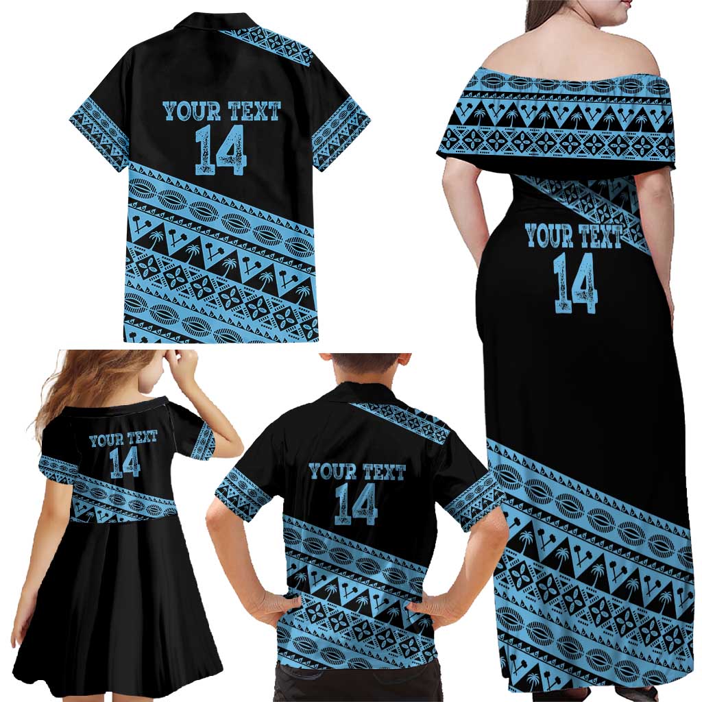 Fiji Rugby 2025 Custom Family Matching Off Shoulder Maxi Dress and Hawaiian Shirt Fijian Tapa Toso Viti Toso - Black LT14 - Polynesian Pride