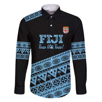 Fiji Rugby 2025 Custom Family Matching Off Shoulder Maxi Dress and Hawaiian Shirt Fijian Tapa Toso Viti Toso - Black LT14 Dad's Shirt - Long Sleeve Black - Polynesian Pride
